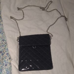 Black Quilted Patent Crossbody with Silver Chain Strap